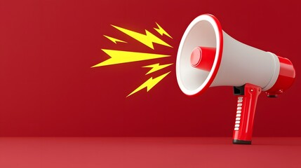 3D of a red and white megaphone projecting bold yellow lightning effects symbolizing loud alerts and urgent notifications against a solid gradient background  The image conveys a sense of energy