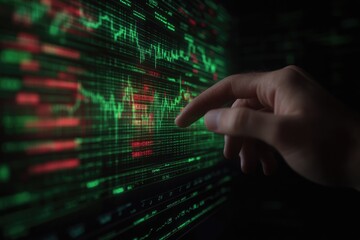 Digital display shows fluctuating stock prices with hand pointin