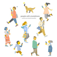 スマホ使って楽しく暮らす人々　カラフルでお洒落なフラットイラスト