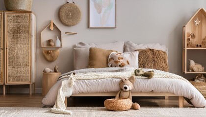 Scandinavian Charm Cozy Childs Room Interior Blends Warm Wood Tones and Neutral Hues with a Rattan Basket and Mock Up Poster Frame, Creating a Serene and Inviting Scene.
