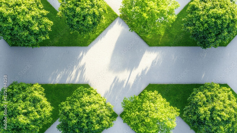 Poster an aerial view of a city park, with trees casting long shadows across the pathways and open spaces, 