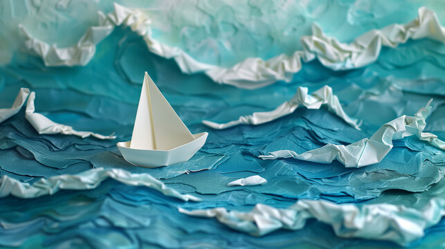 A whimsical stop-motion-inspired scene of a tiny paper boat sailing through an imaginary ocean of painted waves, creating a playful, dreamlike adventure on a hand-crafted sea