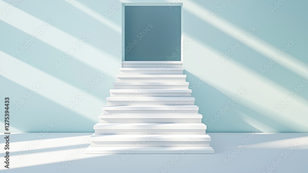 Poster a staircase leading up to a bright doorway, with the steps casting a series of parallel shadows that
