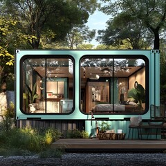 Modular Shipping Container House Exhibit with Sleek Midcentury Design and Nature Backdrop