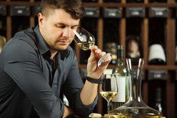 Degustation process of sommelier in wine cellar