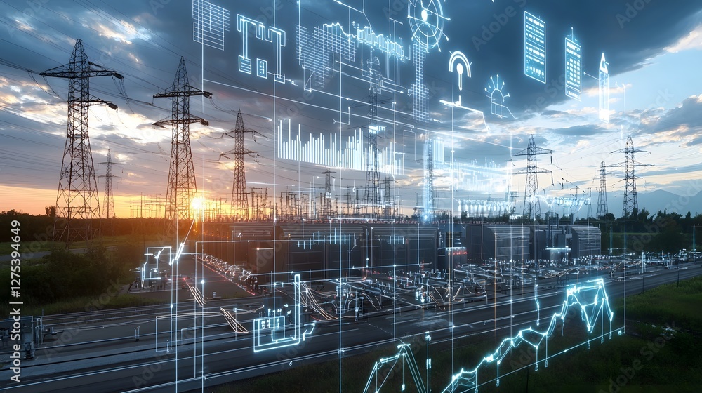 Fototapete Digital conceptual visualization of an AI powered smart grid energy hub that manages diverse power sources in real time to enhance efficiency and sustainability enabling the of renewable energy