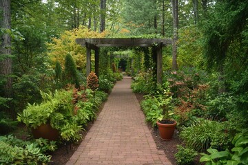 Serene Garden Path with Brick Walkway and Lush Greenery