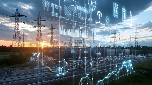 Digital conceptual visualization of an AI powered smart grid energy hub that manages diverse power sources in real time to enhance efficiency and sustainability enabling the of renewable energy