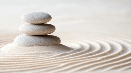 A zen garden with a single, carefully placed stone in the center of a bed of raked white sand, symbolizing focus, balance, and inner peace.