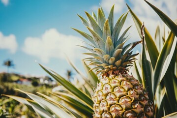 Fototapeta premium Fresh pineapple fruit growing in plantation field in farm. Pineapples. Tropical fruit grows in the orchard landscape at sunset time. Ananas comosus plant. Farming and industrial agriculture concept.