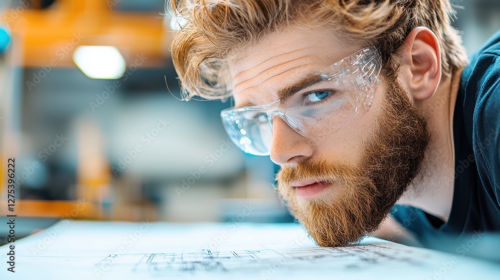 Poster a mechanical engineer in a factory, examining the blueprints of a complex machine, with the machine 