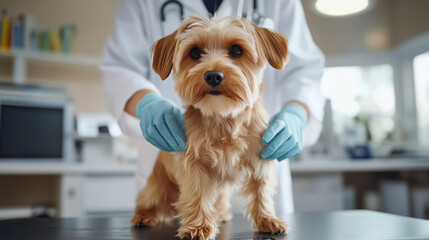 Chip Your Pet Month, A veterinarian wearing a white coat and gloves is installing a microchip on a small brown dog, Ai generated images