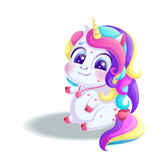 A cute smiling unicorn sits half-turned around. A charming animal with a bright mane and golden horn on a white background. Isolated vector illustration for design, prints and patterns.