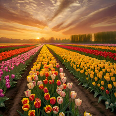 field of tulips and blue sky, field of tulips, A field of color in full bloom, stretching into the horizon under a golden sunset,
