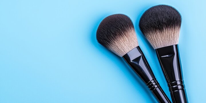 Two makeup brushes with soft bristles displayed on a blue background, ideal for applying cosmetics smoothly.
