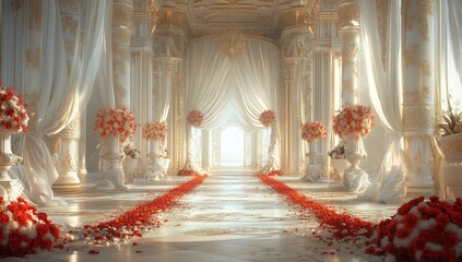 Majestic wedding aisle, ornate hall, red petals, light streaming