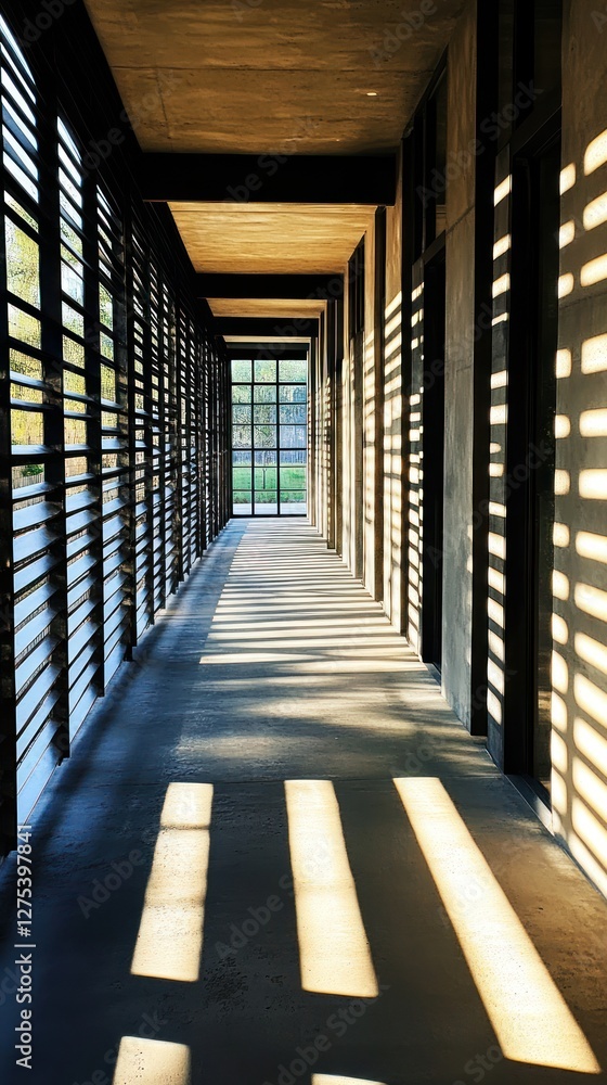 Poster sunlight streams through slatted walls in a modern corridor, creating dramatic shadows on the floor,