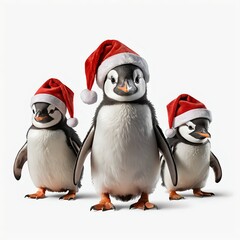 Fototapeta premium Three Adorable Penguins Wearing Santa Hats