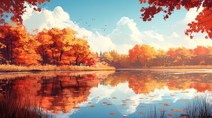 Quiet lake reflecting autumn trees, serene colors, peaceful atmosphere
