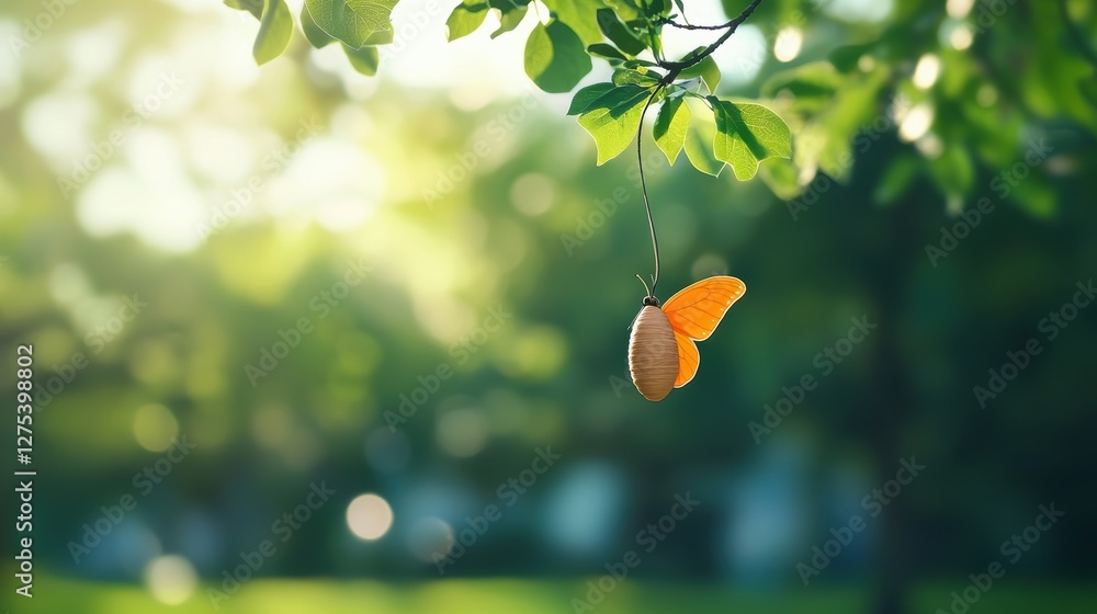 Poster an empty cocoon hanging from a branch, signifying the completion of metamorphosis and the butterfly 