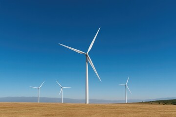 Fototapeta premium Wind turbines stand tall against clear blue sky, showcasing rene