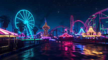 Obraz premium A nighttime carnival, with the Ferris wheel and roller coasters glowing in magical, animated neon outlines, creating a vibrant, whimsical atmosphere full of excitement and color.