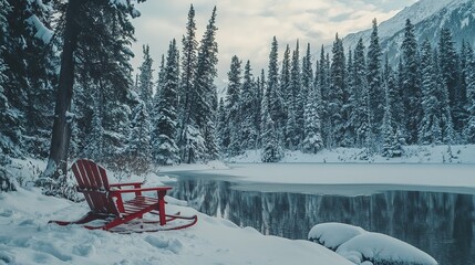 Red Adirondack Chair By Winter Lake And Snow Covered Pines
