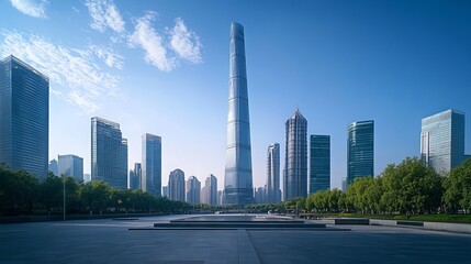 Obraz premium A contemporary office building stands tall in the Lujiazui district of Shanghai, embodying the city's rapid modernization. Its sleek facade reflects the vibrant energy of this financial hub