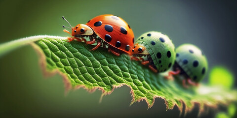 Fototapeta premium Ladybugs crawl on a green leaf. Macro. Generative AI 