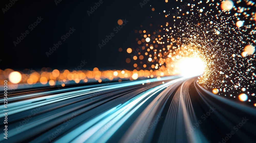 Poster a futuristic visualization of encrypted data traveling through a secure network, represented by glow