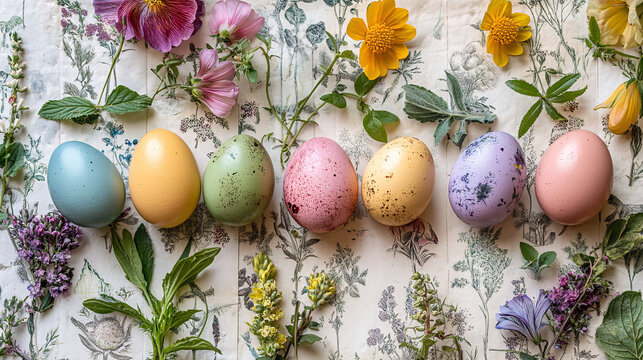 Easter eggs naturally dyed with herbs and flowers, showcasing a beautiful and eco-friendly touch to the holiday tradition.  
