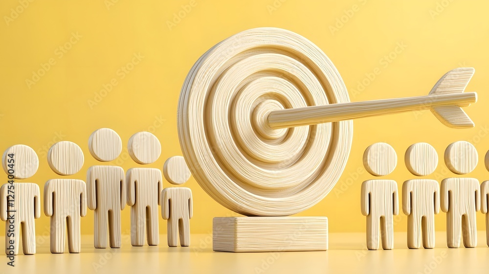 Poster stylized digital depicting a target symbol surrounded by human shaped icons representing audience en