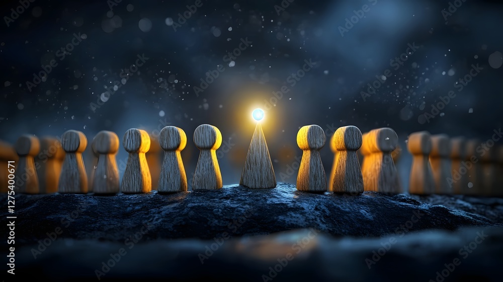 Aufkleber a surreal and atmospheric image of closely gathered wooden peg like figures in a dark nighttime envi