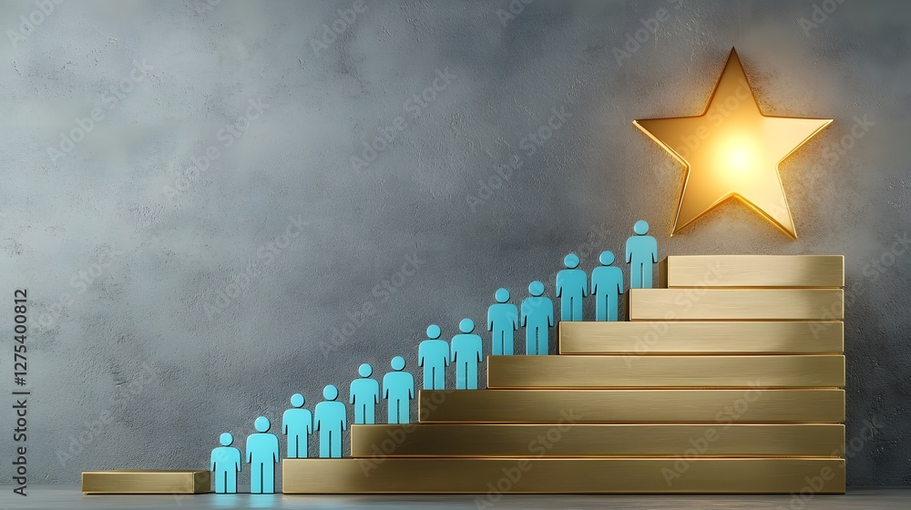 Poster Ascending Steps to Stardom A Conceptual Image Depicting a Journey of Progress Resilience and Growth  Blue Figures Climb Golden Wooden Steps Each Step Representing a Milestone