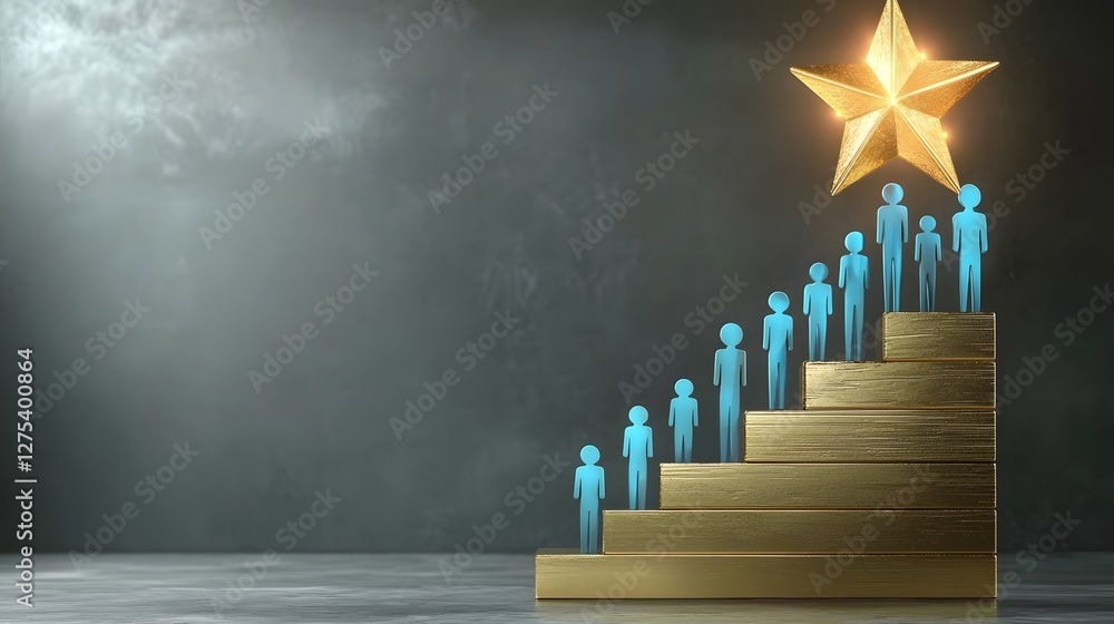 Poster conceptual image depicting blue figures ascending golden wooden steps each step representing progres