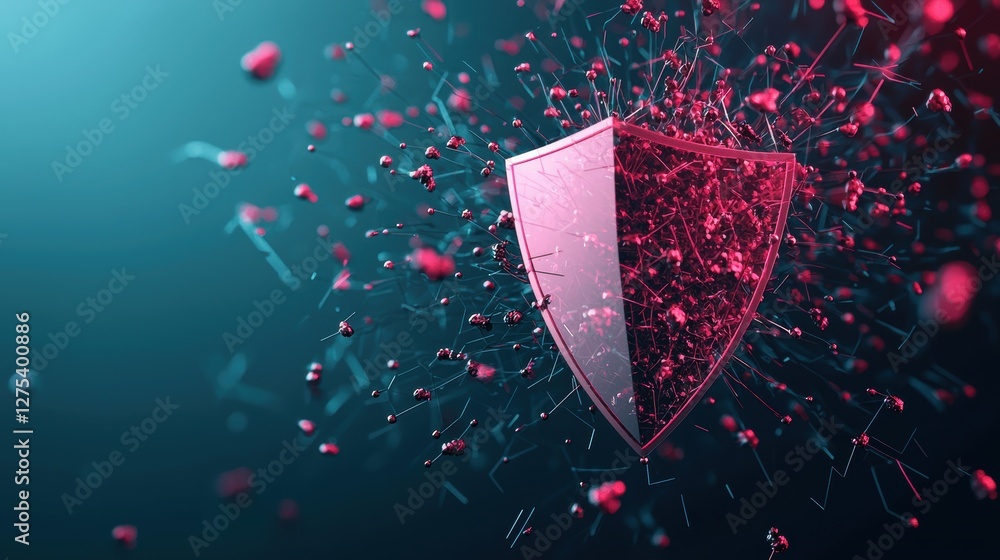 Poster a graphic illustration of a network under attack by malicious code, with a shield deflecting the att