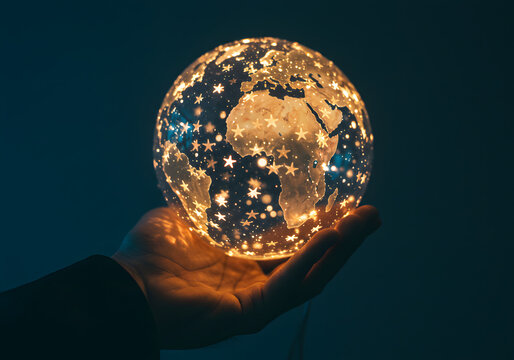 Magical Hand-Held Starry Light Globe with Warm Bokeh Glow, Stars are used as a visual representation of users' opinions and experiences in digital era of reviews and ratings