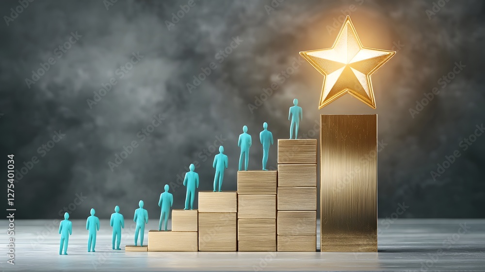 Poster symbolic journey towards leadership and success with blue figurines climbing golden wooden blocks to