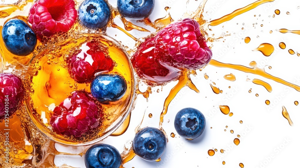 Poster vibrant splash of mixed berries in a refreshing drink with dynamic liquid motion
