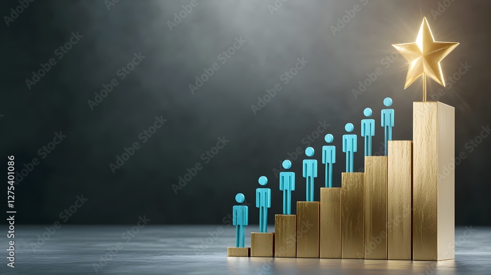 Poster depicting blue figures progressing step by step on golden wooden blocks striving toward a brilliantl