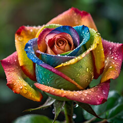 red rose in the garden, Close-up of a vibrant rainbow-colored rose with dewdrops on its petals, soft-focus background with blurred greenery