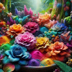 Obraz premium Vibrant powder pigments resemble colorful, fantastical flowers nestled amongst greenery. 