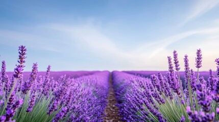 Obraz premium A vibrant field of lavender flowers in full bloom, stretching towards the horizon under a clear blue sky.