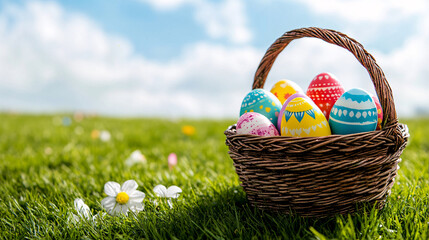 A photo of an Easter basket filled with painted eggs on a meadow, surrounded by spring flowers under a clear blue sky, capturing the essence of the season.  
