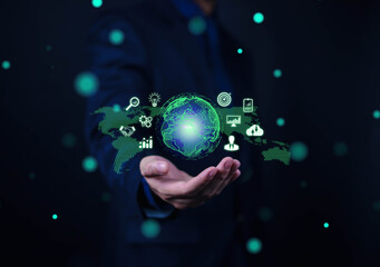 Hand holding globe with data connection network icon, Developing the changing intelligent data and global business development, Applying the digital technology of artificial intelligence.