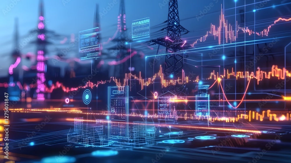 Poster a highly detailed futuristic smart grid system displaying an interconnected energy network with ai d