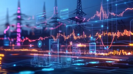 A highly detailed futuristic smart grid system displaying an interconnected energy network with AI driven analytics digital power distribution