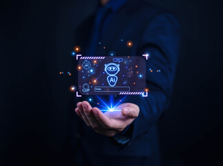 Businessman using AI robot technology. A man uses a laptop to talk to AI artificial intelligence. Future technology.