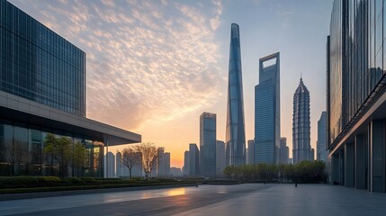 Obraz premium A contemporary office building stands tall in the Lujiazui district of Shanghai, embodying the city's rapid modernization. Its sleek facade reflects the vibrant energy of this financial hub
