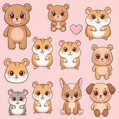 Fototapeta premium Adorable kawaii-style animal illustrations, featuring bears, hamsters, rabbits, and pandas with a soft pastel background. Perfect for stickers, planners, and digital designs.